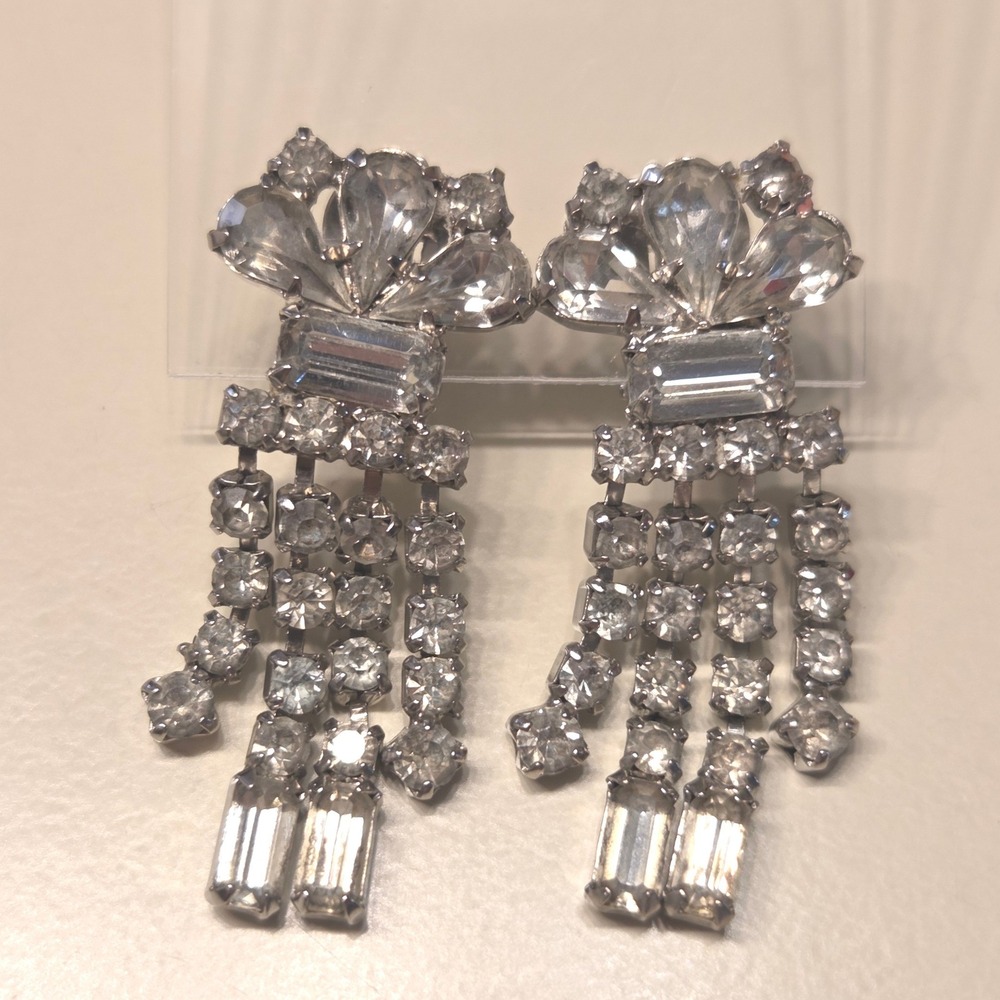 Vintage Clear Rhinestone Crystal Dangle Clip On Earrings Bridal Statement‎ Glam
